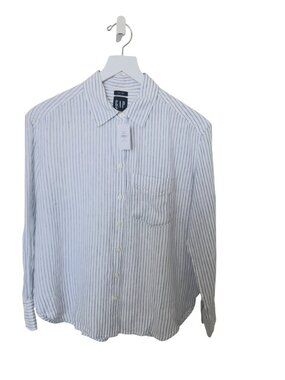 Gap Oversized 100% Linen Button-Down Shirt Blue & White